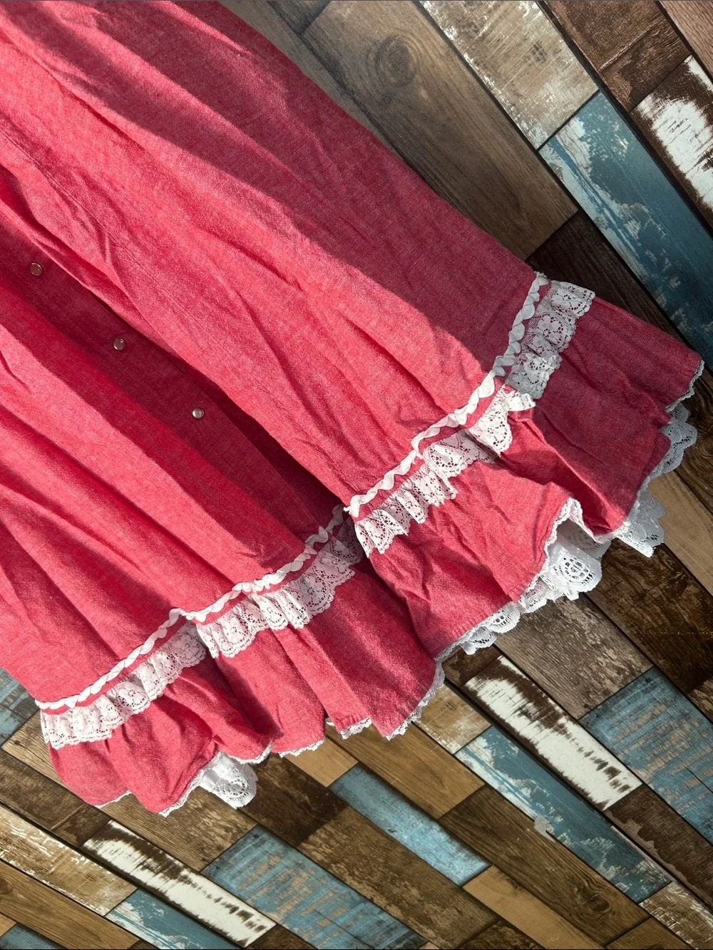 Brand Red Ruffled A-Line Midi Skirt with Lace Trim western - Picture 4 of 16